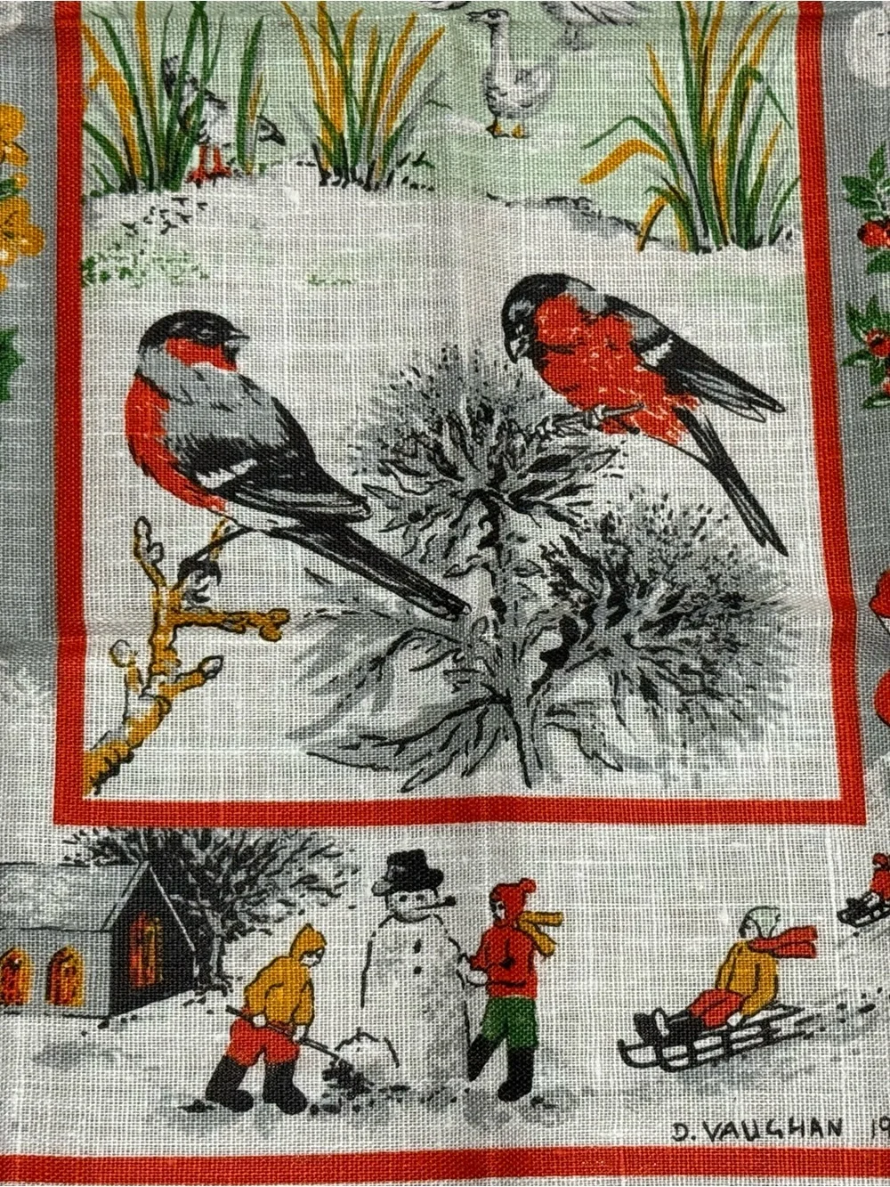 VTG 1980 Irish Linen Tea Towel Winter Scene D Vaughan Oxfordshire WI Folk